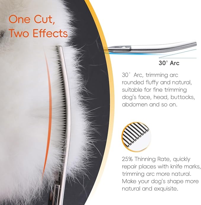 Curved Thinning Shears for Dogs Grooming 7.0'' Multipurpose Professional Pet Curved Blender Scissors for Dog Grooming 35% Thinning Rate (7.0 In, V Type Blender)