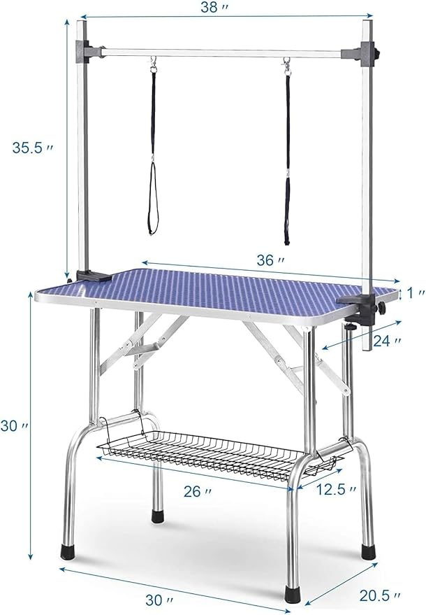 36 Inch Dog Grooming Table, Adjustable Height Pet Grooming Table with Armrest, Ropes and Mesh Tray, Suitable for Home and Dog Washing Station