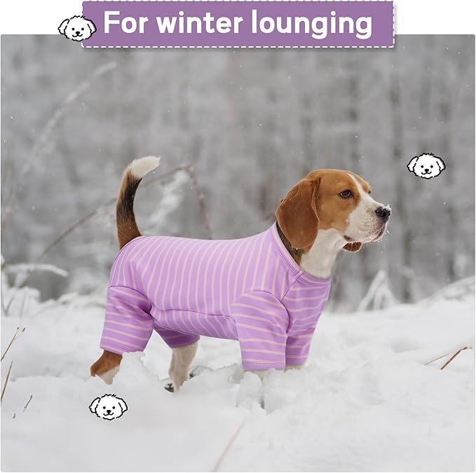 Striped Dog Pajamas - Pijamas for Small to Large Dogs, Fleece Shedding Suit, Stretchy & Machine-Washable Pjs, Belly Cut for Males, Great for Surgery & Cold Weather, Purple S