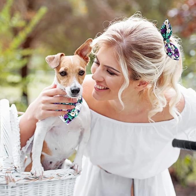 E-Clover Dog Bandanas & Matching Scrunchie Set Dog Bandana Scarf Bibs Washable Kerchief for Small Dogs Puppy & Pet Owner Purple Halloween Accessories