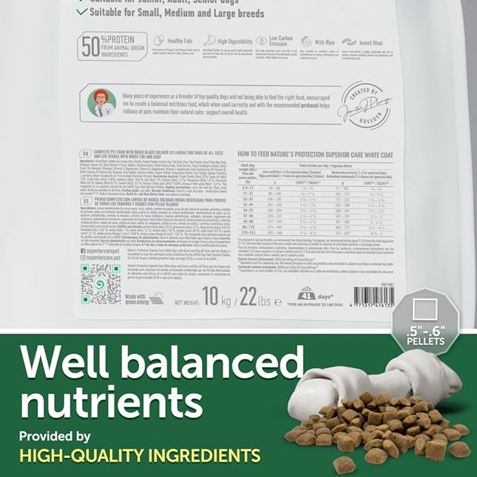 Nature's Protection Superior Care White Dogs Rice Based Dry Dog Food - High Protein, Tear Stain Dog Food for All Breeds Light Coated All Life Stages Dogs, Fresh Pet Meal, Insect, 22 lb