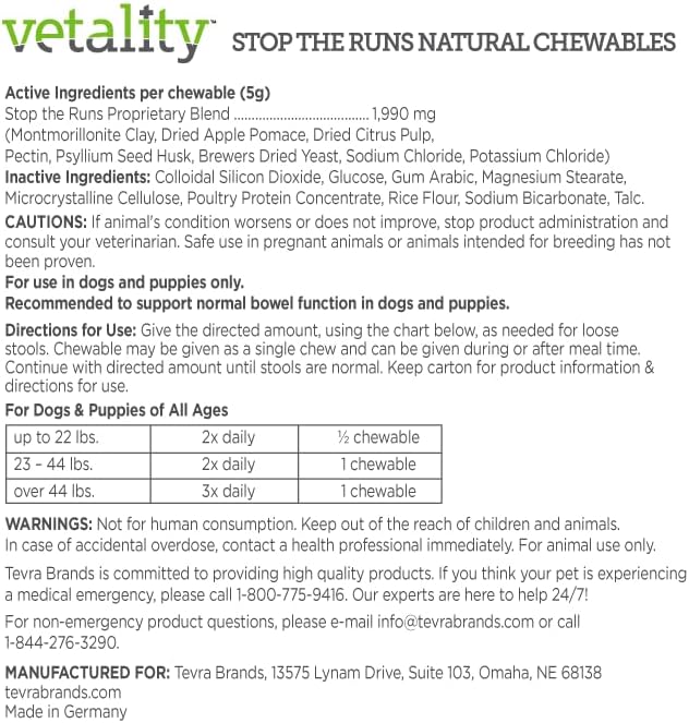Vetality Stop The Runs | Dog Anti Diarrhea Medicine | 6 Count Chewable | Chicken Flavor