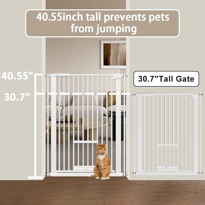 40.55" Tall 1.37" Ultra Narrow Spacing 30.12-34.06" Dogs Pets Baby Gate with Cat Door for Doorway Safety Proof Indoor Extra Wide Puppy Pressure Mounted No Drill White Black Metal Hallway