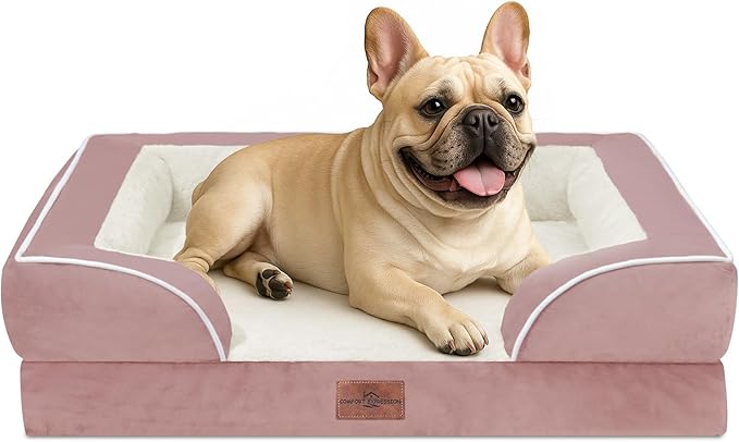 Comfort Expression Orthopedic Dog Bed for Medium Dogs 28x19 Inch, Waterproof Supportive Egg Crate Foam Medium Pet Bed with Removable Bolsters, Dog Couch with Washable Cover & Non-Slip Bottom, Pink
