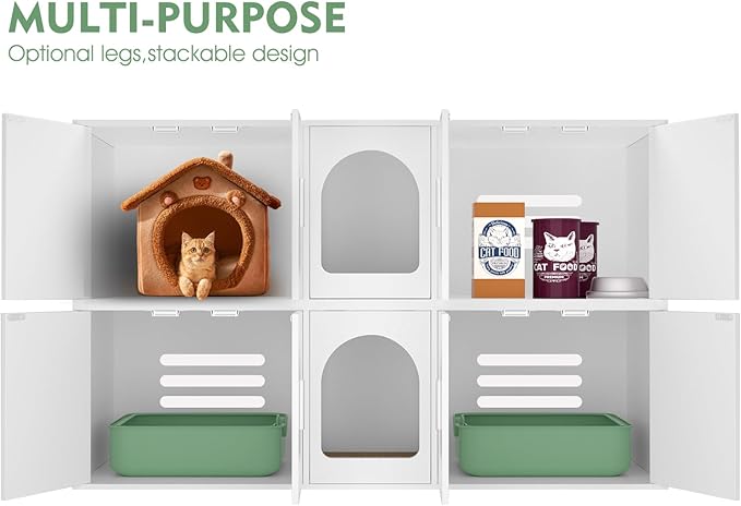 Double Litter Box Enclosure, Litter Box Enclosure for 2 Litter Boxes, Modern Litter Box Furniture for 2 Cats, with Cat Door & Motion Light (White)