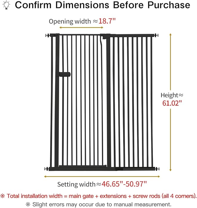Lumizone Extra Tall Cat Gate 61.02" High Pressure Mounted Extra Wide 2025 New (17 Sizes) 1.37" Gap No Drilling Auto-Close One-Handed Operation Tall Pet Gate for Dogs(Black, 46.65"-50.97"/118.5-129CM)