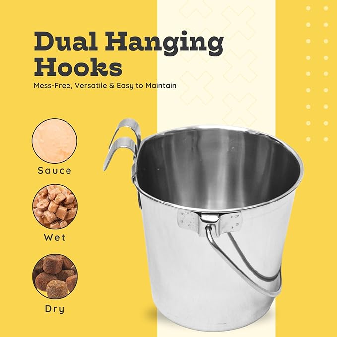 4 Quart Stainless Steel Flat Sided Pail with Dual Hooks | Hanging Bucket for Dogs, Cats, Goats & Livestock | Durable Food & Water Bowl Fits Kennels, Crates & Cages | Multipurpose Use