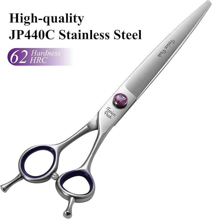 Fenice Peak 7'' Straight Dog Grooming Scissors with Purple Finger Rings and Flashing Screw Professional 440C Stainless Steel Natural Color Pet Trimming Shears with Offset Handle Durable and Sharp