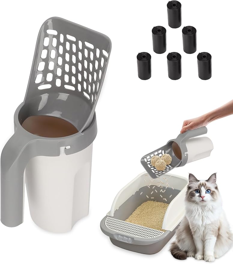Cat Litter Shovel Scoop with Bag Leakproof Detachable Holder & 90 Odor-Sealing Refill Bags for Efficient Waste Management