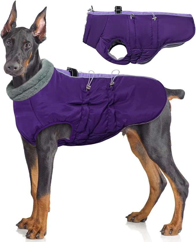IDOMIK Warm Dog Coat with Harness, Waterproof Reflective Dog Jackets for Small Medium Large Dogs, Fleece High Collar Winter Jacket with Zipper, Pet Winter Snowsuit Clothes for Cold Weather,Purple XL