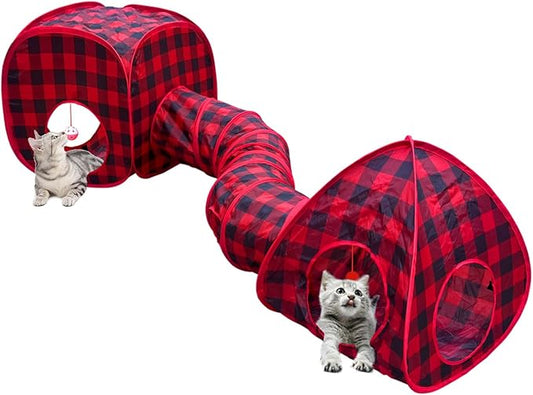 Cat Tunnels for Indoor Cats with Cube Tent Toys Combo, Interactive Collapsible Tent for Hiding Hunting and Resting, Pet Tube with Toy Bell for Kitten, Rabbit, Puppy, Ferret - Set of 3