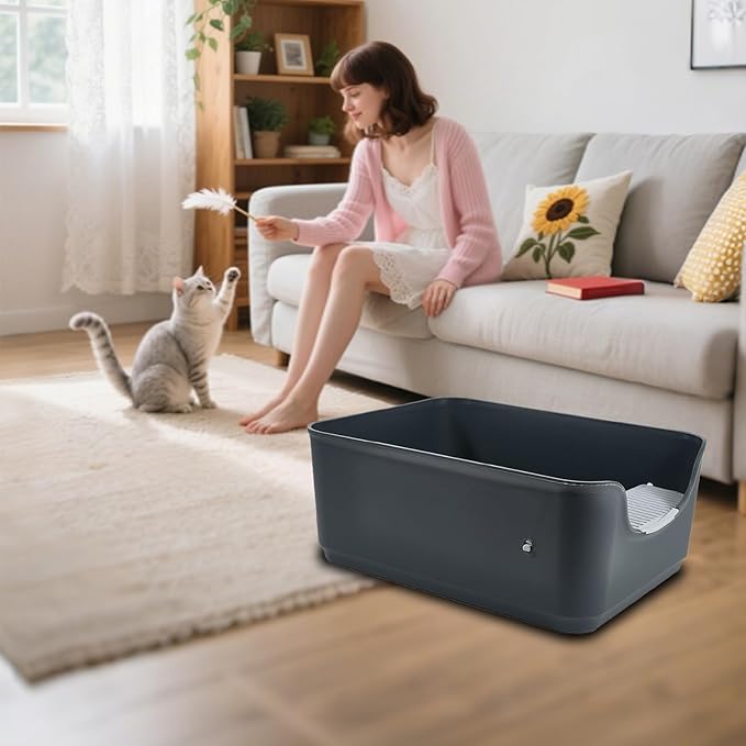 Large Cat Litter Box with High Sides and Low Entry,Open Top Litter Pan with Litter Trapping Pedal for Indoor Big Cats,Kittens and Multicat Homes,Easy to Clean,Anti-Urine Leakage (White)