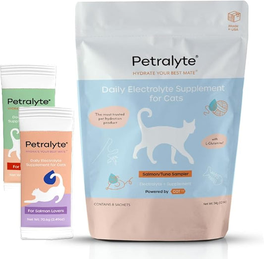 Cat Hydration Electrolyte and Cat Joint Supplement | Hydration Support for Cats w/Glucosamine, Chondroitin, L-Glutamine, Taurine, Lysine & Prebiotics | Tuna & Salmon | 8 Packets
