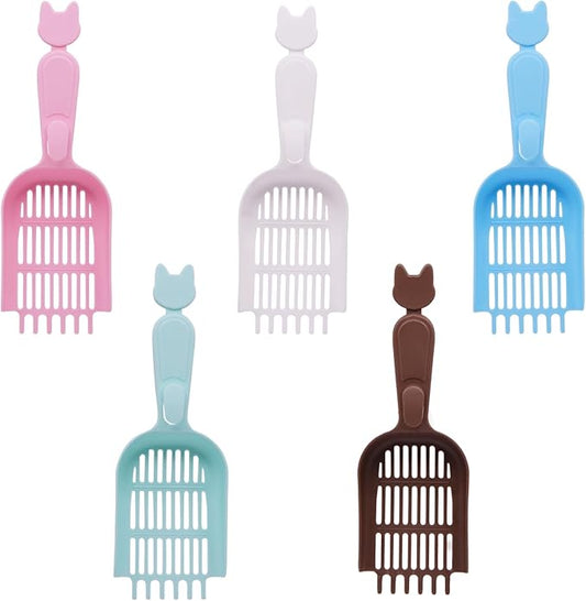 YXQ Litter Scoop for Cats 5-Pack Durable Plastic Cat Litter Scooper with Small Holes, Long Handle & Deep Shovel for Pellet Litter, 5 Colors (Kitty Litter Box Scoop)