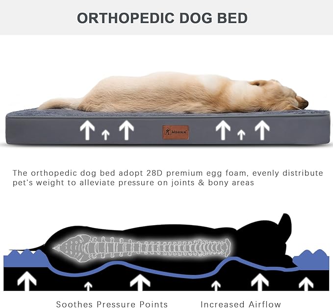 MIHIKK Waterproof Extra Large Dog Bed Orthopedic Dog Beds for Crate with Removable Washable Cover Egg-Crate Foam Pet Pad Mat with Anti-Slip Bottom, 53x36 Inch, Grey