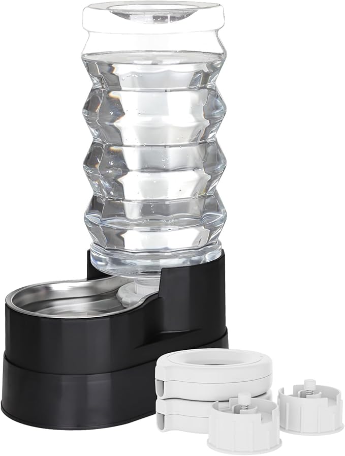 RIZZARI Upgraded Automatic Dog Water Dispenser: 9L Black Gravity Large Stainless Steel Raised Pet Feeder with Filter - Includes 2 Extra Filters & 2 Bottle Caps - Pet Feeder for Dogs Indoor Outdoor