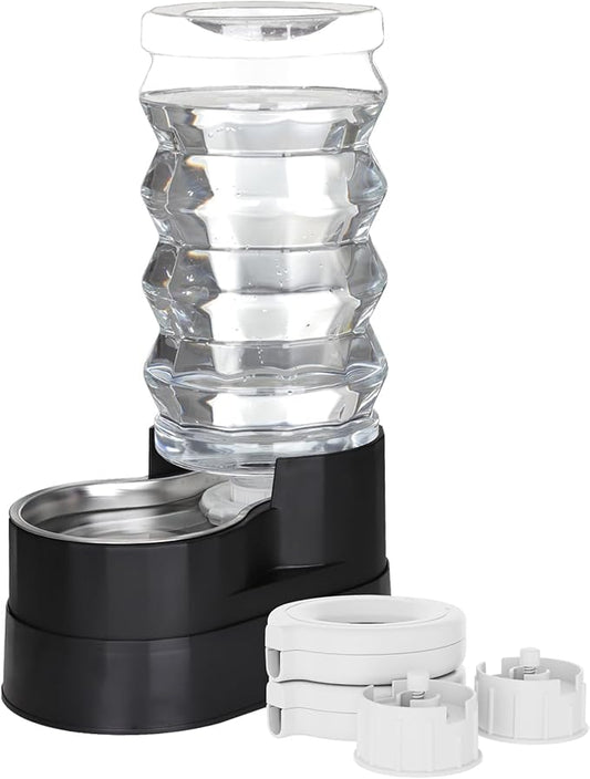 RIZZARI Upgraded Automatic Dog Water Dispenser: 9L Black Gravity Large Stainless Steel Raised Pet Feeder with Filter - Includes 2 Extra Filters & 2 Bottle Caps - Pet Feeder for Dogs Indoor Outdoor