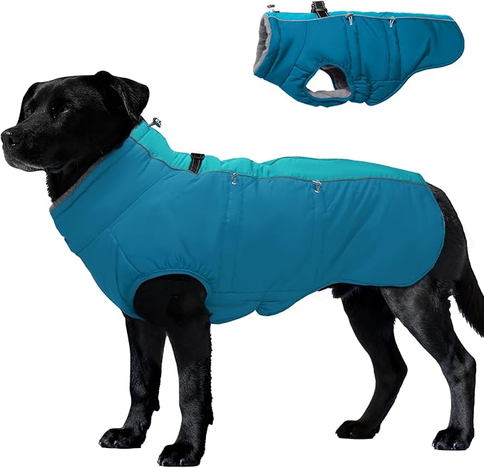 Dog Winter Jacket - Large, Warm Zip Up Snowsuit Dog Harness Vest, Reflective, Water-Resistant, Green