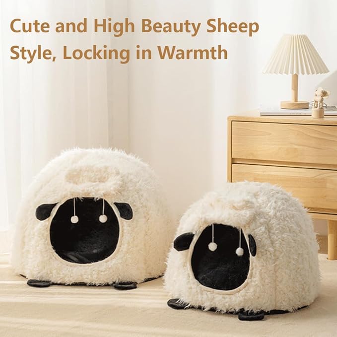 Cute Cat Bed Cave for Indoor Sheep Shaped Pet Plush House Self-Warming Nest Small Dogs Rabbits with Removable Cushion for Puppy Bed with Hanging Toy