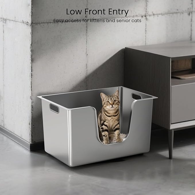 Stainless Steel Cat Litter Box 11.8” High Sides, Large Metal Litter Box with Low Entry for Big Cats, Leak-Proof Pet Toilet Kitty Litter Pan with Wheels for Mobility, Easy to Clean & Non-Stick
