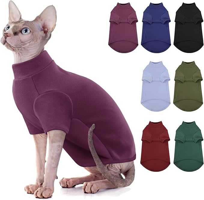 SUNFURA Turtleneck Sweater for Cat, Sphynx Cats Shirt Hairless Cat Sweaters with Sleeves, Warm and Soft Kitten Pullover Fleece Winter Pajamas Jumpsuit for Puppy Cats, Purple XL