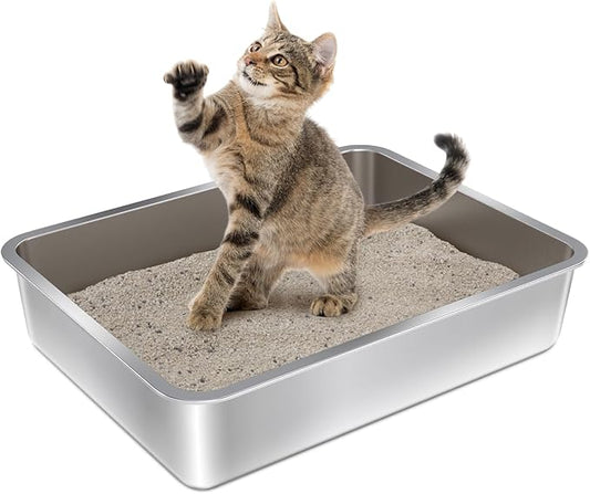 Stainless Steel Litter Box - 17.7" L x 13.77" W x 4" H Metal Cat Litter Box, Non Stick, No Smell, Easy Entry,Easy to Clean,Metal Litterbox for Kitten,Elderly Cats,Bunny