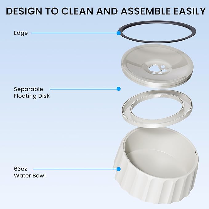 Dog Water Bowl 70oz/2L Large Capacity Water Dispenser No Spill Non Slip No Splash Pet Slow Feeder No Drip Vehicle Carried Travel Slow Drinking Bowl for Dogs Cat(White)