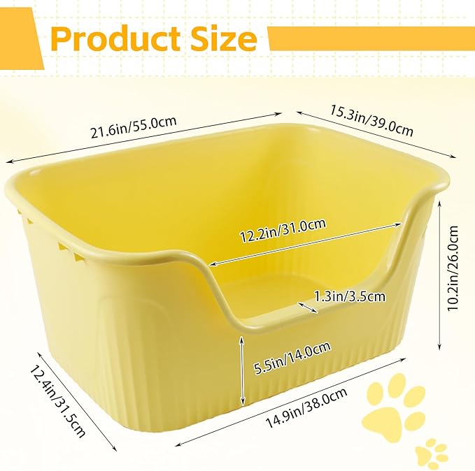 Jumbo Kitty Litter Box with High Sides,Large Cat Litter Pan Low Entry for Senior Cats 21.45 x 16.14 x 10.43 Inches Anti Splashing Easy Clean for Small Medium Cat(Yellow)