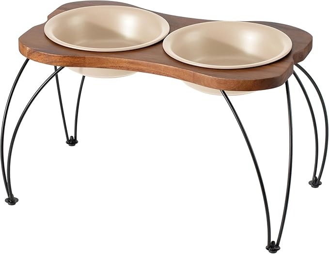 Ceramic 8.7-inch Raised Double-Bowl Set with Non-Slip Stand, Food & Water Dishes for Large Dogs, Wide Opening with Rounded Edges(Oat Beige)