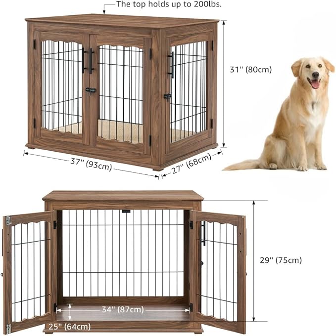 beeNbkks Furniture Style Dog Crate End Table, Double Doors Wooden Wire Dog Kennel with Pet Bed, Decorative Pet Crate Dog House Indoor Medium Large