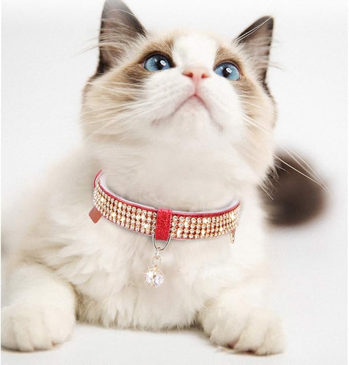 PetsHome Cat Collar, Dog Collar, [Bling Rhinestones] Premium PU Leather with Pendant Adjustable Collars for Cat and Small Dog Extra Small Red