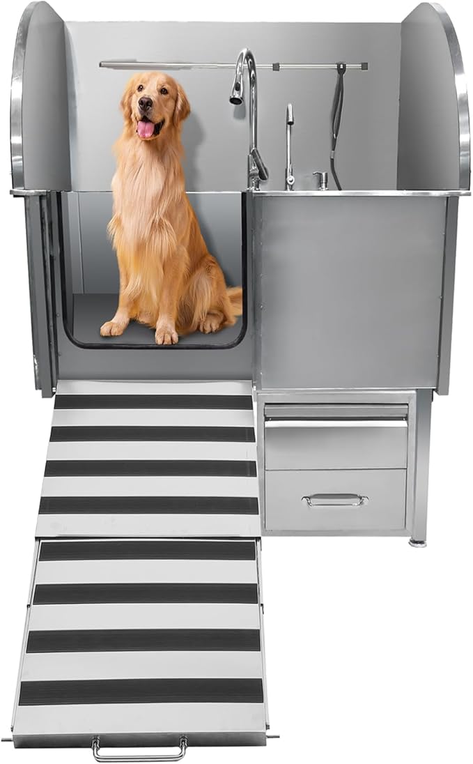 Professional Dog Grooming Tub, 38" Stainless Steel Dog Wash Station with Foldable Ramp, Storage Drawer, Floor Grate & Faucet/Dog Bathtub for Large, Medium & Small Pets - Left Door (38")