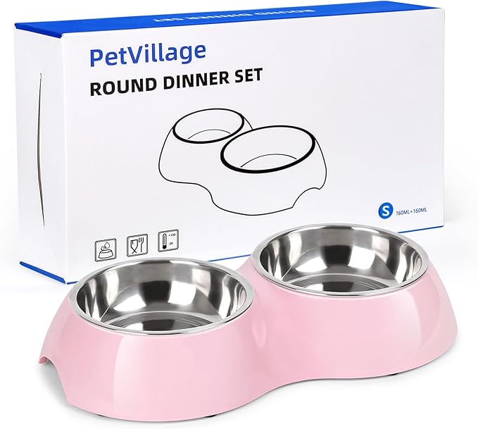 Stainless Steel Dog Bowls Set – Dual Non-Slip Pet Dishes with 2 Small (4oz*2) Bowls & Durable Resin Stand,Food & Water Feeder for Kittens– Pink
