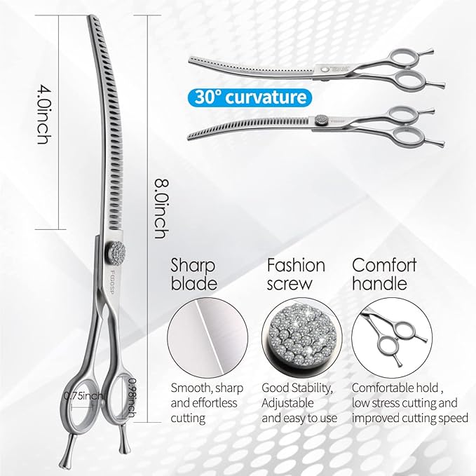 8.0'' Curved Chunkers Shears for Dog Grooming Professional Magic Pet Grooming Scissors with Big Artificial Diamonds 38 Teeth for Large Dogs(8.0 in, Curved Chunkers)