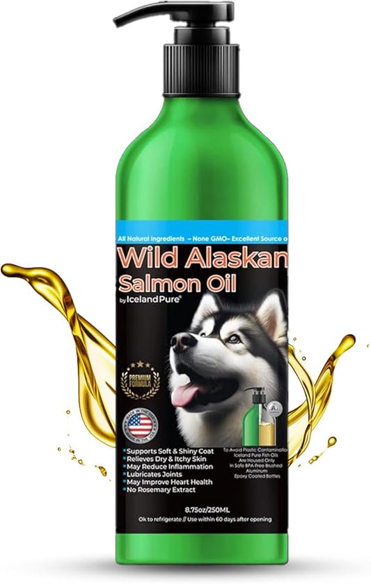 Wild Alaskan Salmon Oil for Dogs and Cats by Iceland Pure | 1,043 mg of Omega-3 per Teaspoon | Salmon Oil & Pollock Blend | BPA-Free Brushed Aluminum Epoxy Coated Bottle with Pump - 8.75 oz