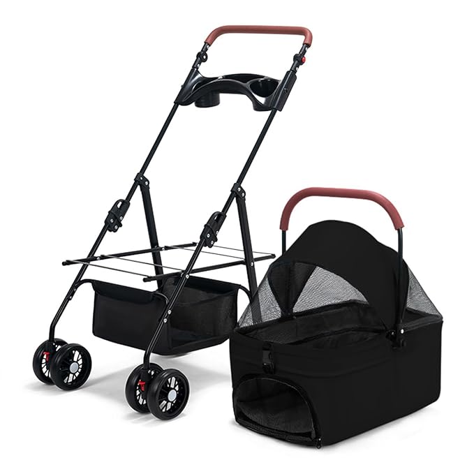 Pet Stroller-Folding 4 Wheels Cat/Dog Stroller for Medium Small Pets with Storage Basket and Cup Holder Suitable for Going Out and Traveling (Black)
