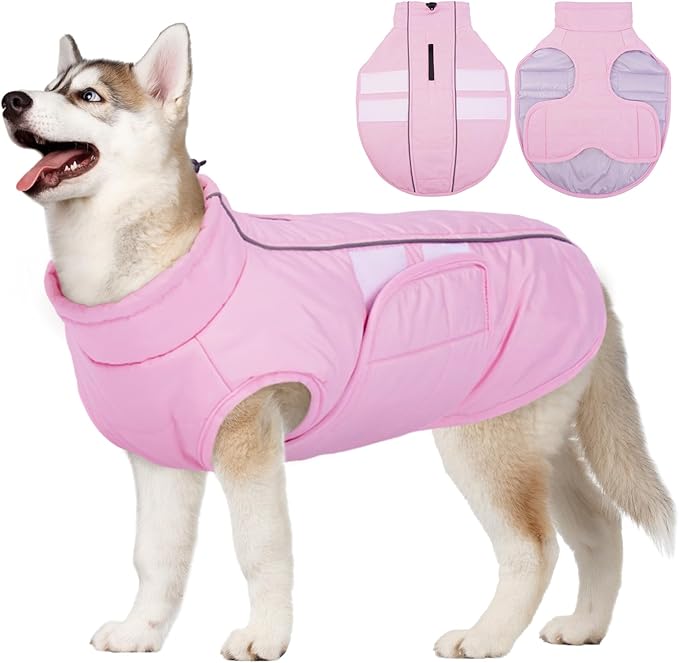 Kuoser XXXL Dog Coat, Dog Jackets for Large Dogs, Reflective Pet Winter Coat Cold Weather Coats, Doggie Snow Jacket Warm Apparel Clothes for Great Dane, Pink XXXL