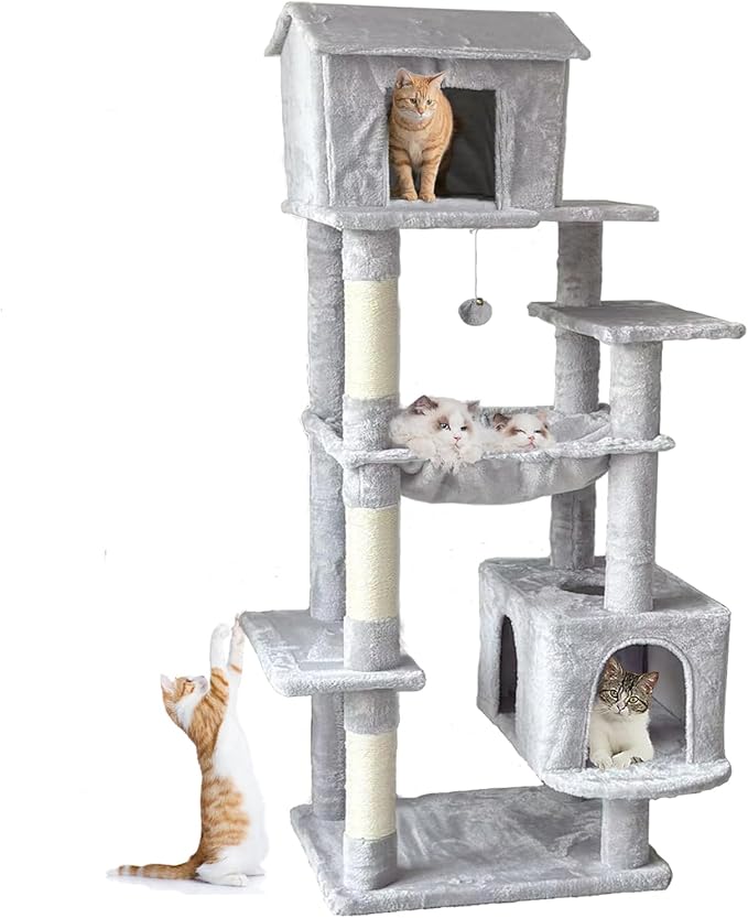Tall Cat Tree 63 in, Multilevel Cat Tower for Adult Cats, Climbing Tree House and Towers with Condo Hammock Scratching Post Wide Base (Light Gray, 63 in)