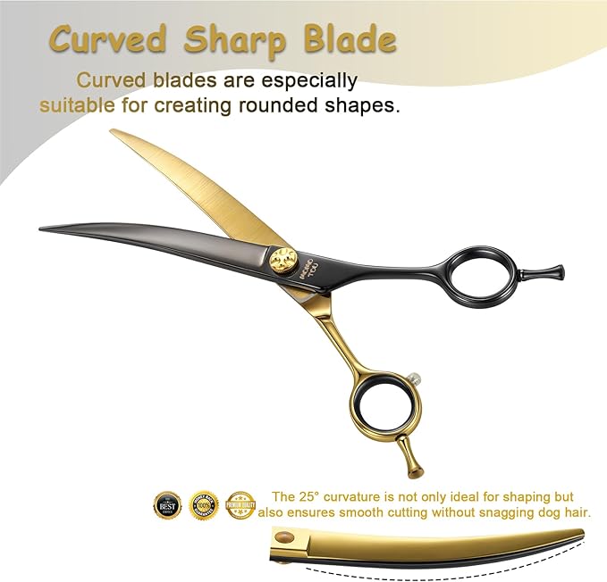 7.5'' Black & Gold Dog Grooming Scissors Set with Comb Curved, Straight, Chunker and Thinning Shears 4PCS in Scissors Bag 440C Stainless Steel Sharp and Durable for Groomers and Beginners