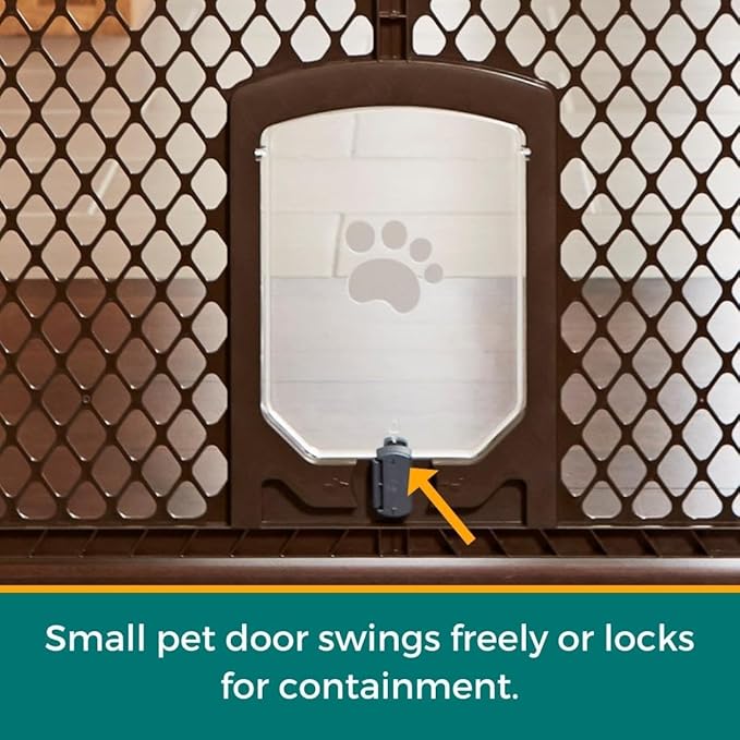 MyPet Extra Wide Dog Gate with Small Pet Door. 38.5” to 103.5" Wide. Cat Gate for Doorway. Made in USA. 26" Tall, Brown