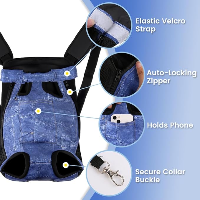 Dog Backpack Carrier, Front Pocket for Essentials, Pet Sling Front Backpack for Small Medium Dogs 10-16 Lbs, Legs Out, Adjustable Wearable Puppy Chest Travel Bag, Easy-Fit for Hiking/Walking/Camping