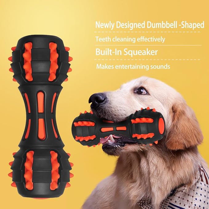 AUSCAT Teething Dog Toys, Durable Squeaky Dog Toys, Rubber Chew Toys for Dogs, Dumbbell Shape, Black