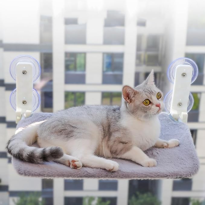 Foldable Cat Window Hammock with Dual Heavy-Duty Suction Cups - Plush Mesh Bed & Jumping Perch for Indoor Cats, Wall Mounted Space-Saving Design (Beige)
