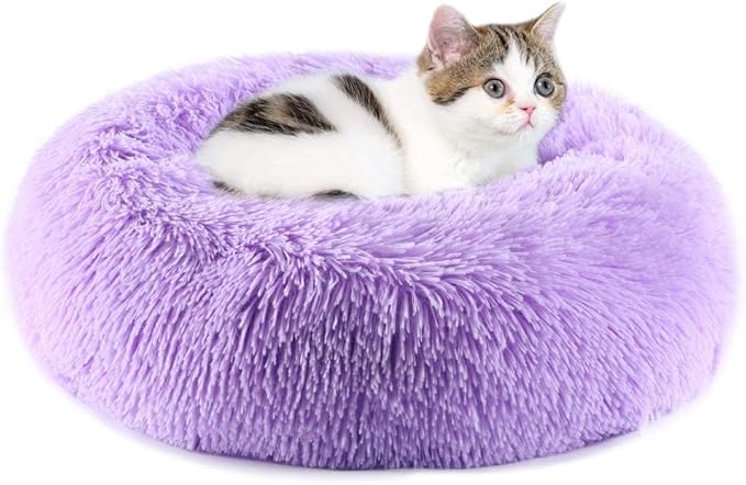 Purrfect Cat Beds - Washable 20 inches, Anti-Anxiety Round Plush Faux Fur, Thick Bottom (Purple, Medium) - Suitable for Indoor Cats & Small/Medium Dogs