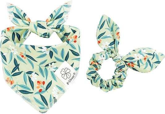 E-Clover Dog Bandanas & Matching Scrunchie Set Girl Dog Bandana Scarf Washable Kerchief Bibs for Small Dogs Puppy Pet Owner Birthday Gift Green