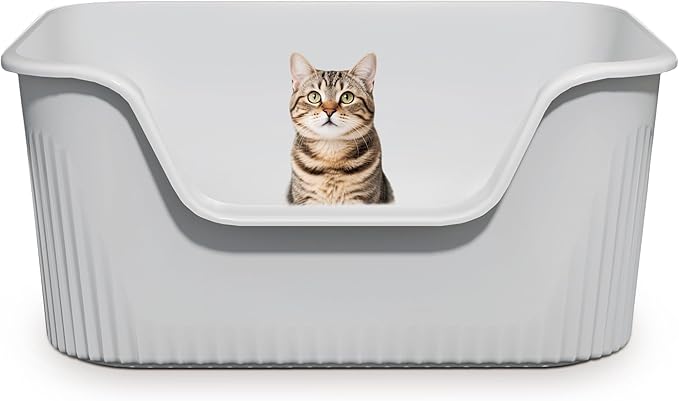 Large Cat Litter Box with High Sides 21.5 * 16.1 * 10.4 inches Big Litter Boxes for Large Cats Easy Clean Open Litter Box, Anti-Splashing&Leak-Proof, Grey