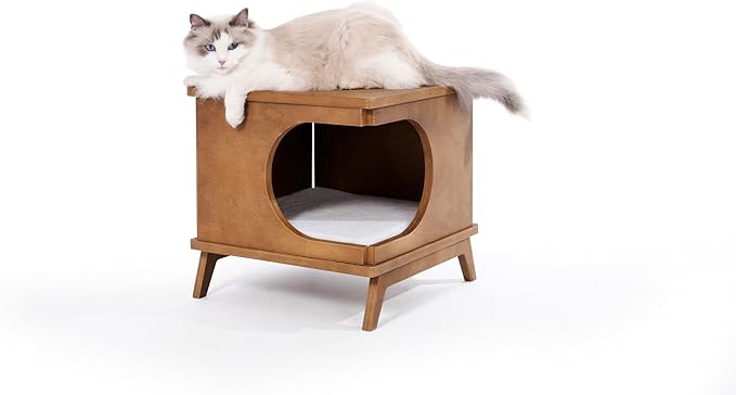 Wooden Cat Bed End Table – 15.7"x15.3"x15.7" Modern Cat Furniture for Bedroom & Living Room – Nightstand Pet House with Removable Cushion – Cat Hideaway Side Table with Natural Wood Finish