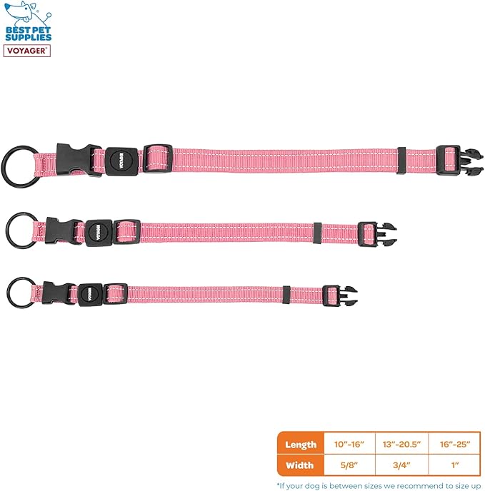 Best Pet Supplies Reflective Dog Collar with Adjustable Length, Heavy-Duty Buckle, and Strong Leash D-Ring, Training, Walking, Jogging Accessory for Small, Medium, and Large Breeds - Pink, M