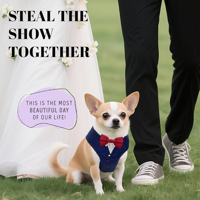 AVERYDAY XS Pet Tuxedo Harness, Wedding Costume Outfit for Small Dogs, Slim Cats and Tiny Pets with 8.3" Neck, 13-14.6" Chest, 10" Max Head Girth, Formal Suit Costume for Mini Breeds