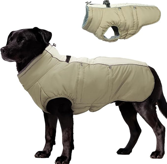Dog Winter Jacket - Large, Warm Zip Up Snowsuit Dog Harness Vest, Reflective, Water-Resistant, Apricot
